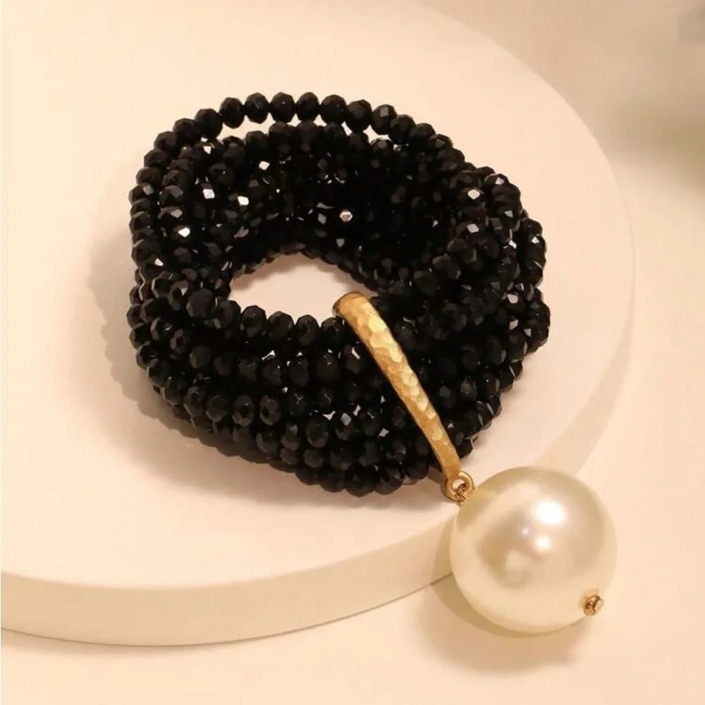 Statement Multi-Layer Black Crystal Beaded Exaggerated Pearl Accent Bracelet - Picture 8 of 10